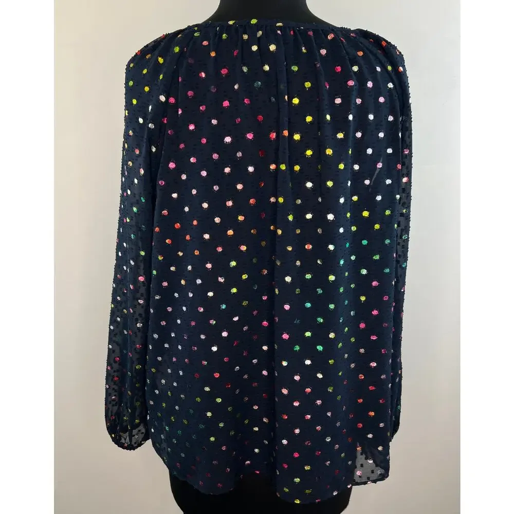 J. Crew Popover Long Sleeve Navy Blue Multi Rainbow Clip Dot Chiffon Blouse M